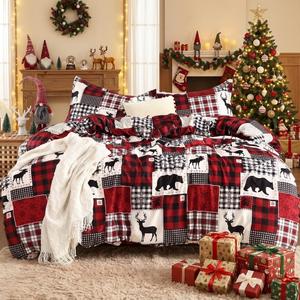 Christmas Duvet Cover King, Soft Brushed Microfiber Comforter Cover Sets, Reindeer Printed Holiday Theme Bedroom Decorative Bedding (King Size, Christmas Plaid Deer) (Black)
