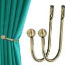 Curtain Holdback, 2 Pcs Wall Mounted Drapery Tiebacks with Screws, Heavy Duty Metal Decorative Window Drapery Holder Curtain Hook, Brass
