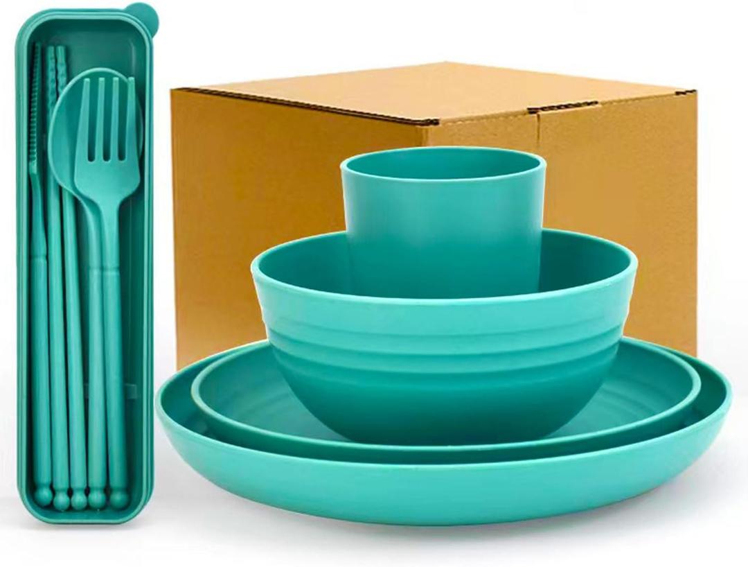 4pcs Unbreakable Wheat Straw Dinnerware Sets with Cutlery Set, Reusable Lightweight Green Microwave Dishwasher Safe Tableware for TravelCampingKitchen,RV,Apartment,Dorm,Party