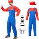 Halloween Costume Men Adult, Plumber Jumpsuit Cosplay Costume with Hat Gloves Moustache Accessories Set (X-Large, Red)