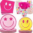 144 Pieces Preppy Smile Party Tableware Sets Including Disposable Plates Napkins Cups Forks Serves 24 for Smile Face Party Birthday Baby Shower Decor Party Supplies