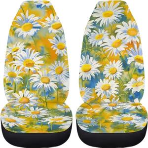 Vibrant Daisy Flower Pattern Car Accessories 2 Pcs Car Front Seat Covers Set Auto Interior Cushion Protector Universal Fit Most Truck SUV Van Elastic Car Seat Covers