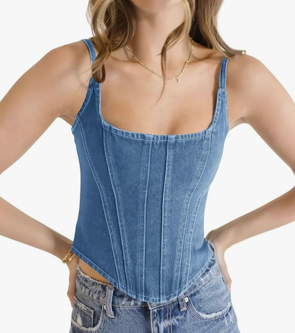 Womens Sleeveless Denim Vest Crop Tank Tops Spaghetti Straps Slim Fit Summer Cami Top SIZE XL