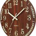 Wall Clock 10 Inch Brown Weekly Wall Clock Silent Battery Operated Luminous Hands Retirement Elderly Wooden Glow in The Dark Clock