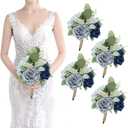 Artificial Bridesmaid Bouquets - Set of 4 Silk Rose Flowers Bouquet Wedding Rustic Small Floral Centerpieces for Marriage Proposal Party Anniversary Dining Table Decorations - Blue,7 Inch