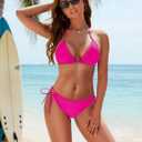 Women Two Piece Swimsuit Halter Triangle Hollow Out Bathing Suits Cheeky String Bikini Sets (Pink, S)