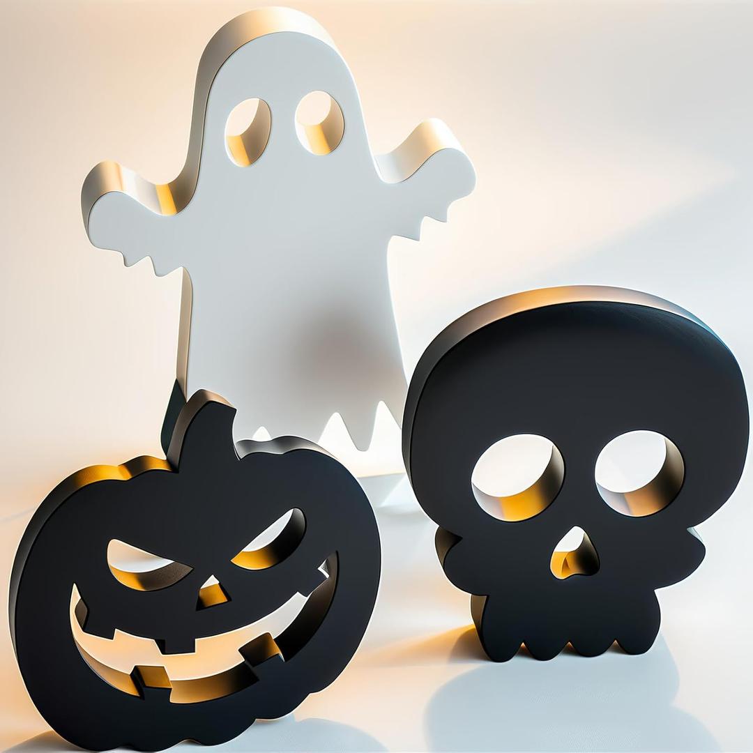 3Pcs Cute Halloween Decorations Indoor Ghost Wooden Signs Pumpkin Skull Blocks for Tiered Tray Decor Wooden Table Sign Pumpkin Ghost Skull Table Top Decor for Office Home Party Shelf Display Apartment