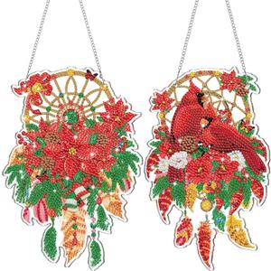 Saillong 2 Pcs Christmas Diamond Art Hanging Kits for Adult Cardinal Diamond Painting Ornament Christmas Dream Catcher Hanging Ornament for Home Window Wall Front Door Decorations