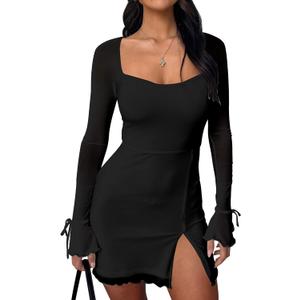 Kaximil Women's Sexy Bodycon Mesh Long Sleeve Square Neck Slit Party Short Mini Dress (Medium, Black)