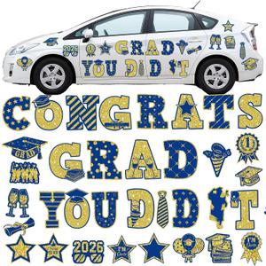 Gilprop 37 Pcs Graduation Car Magnets Decorations Graduation Cruise Door Magnets, Class of 2026 Car Stickers Congrats Grad Magnetic Sticker for Carnival Party Garage Fridge(Multiple Size, Blue Gold)