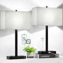 21" Set of 2 Touch Control Table Lamps with 2 USB & AC Outlets, 3Way Dimmable Modern Nightstand Lamps for Bedroom Living Room Office Reading, White Shade Bedside Lamps, 5000K LED Bulbs Included.