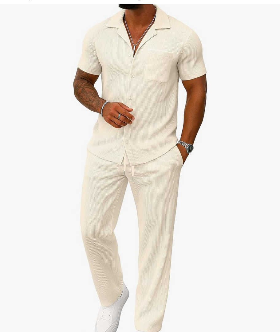 UOUA Mens Summer 1 Piece Set Casual Outfits Button Short Sleeve Shirt & Loose Pants Textured Striped Tracksuit Walking Suits
medium