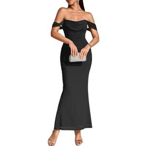 KUTUMAI Off The Shoulder Maxi Long Dress Corset Ruched Bodycon Formal Wedding Guest Dresses for Women (Black)