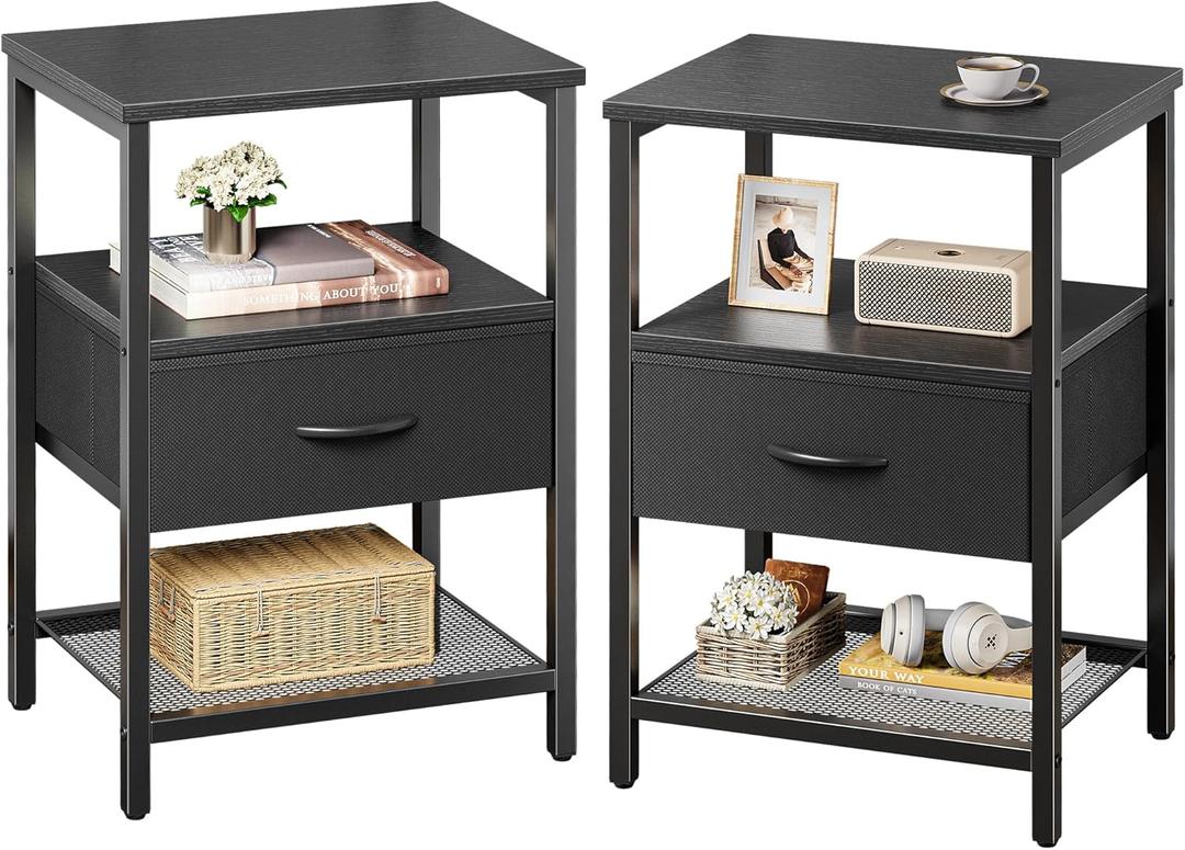 Huuger Nightstand Set of 2, Night Stand with Fabric Drawer, Mesh Shelf, Side Table with Storage, Fabric Drawer Dresser, Open Shelf, Metal Frame, Bedroom, Black