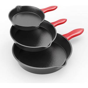 Cast Iron Skillet 3 piece set, cookware set 6, 8, 10 Inches, for frying, saute, &more, easy use in the oven, stove, grill, or campfire, black, with silicone heatresistant cover
