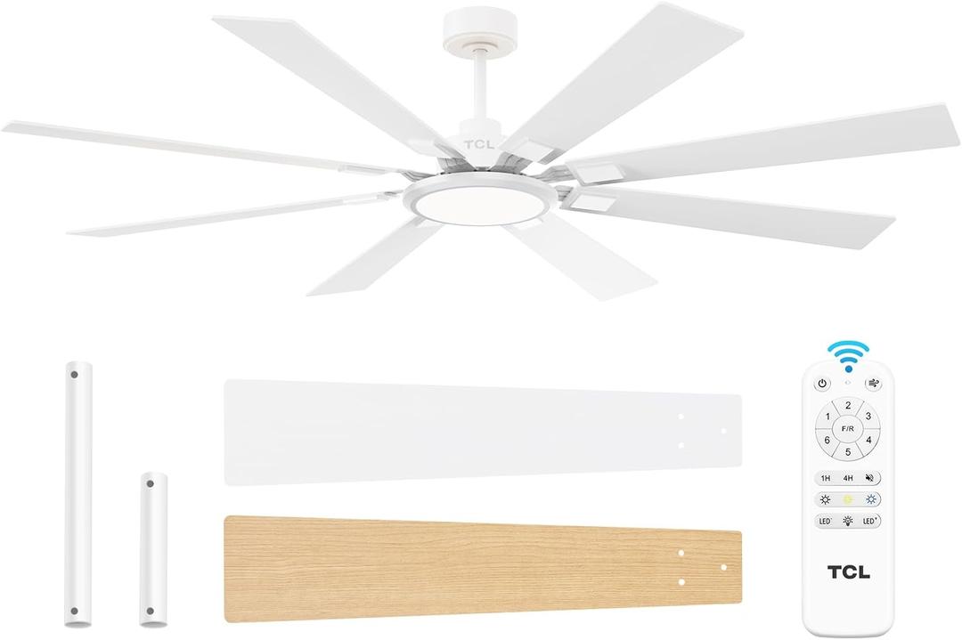 TCL Ceiling Fans with Lights and Remote: 8 Blades, Quiet Reversible DC Motor, Dimmable Super Bright LED, Noiseless Large Modern Fan for Room, Outdoor, Commercial and Industrial Use (White, 62 Inch)