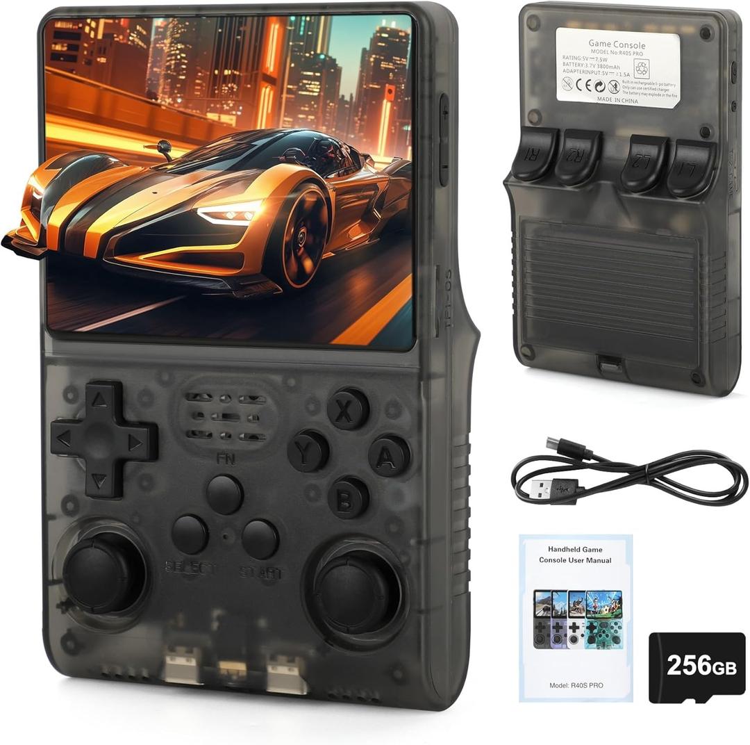 R40S Pro Handheld Retro Gaming Console  256GB Storage, 3800mAh Battery, 3.5" Full-Lamination IPS Screen, 20+ Emulators, Preloaded 30,000 Games, Multiplayer Support (Gray)