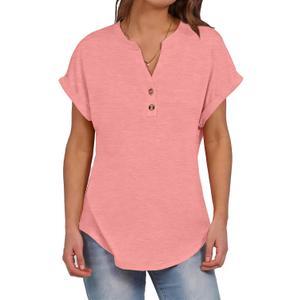 Women's V Neck Short Sleeve T Shirts Casual Henley Button Down Loose Fit Summer Tops Soft Roll Up Sleeve Tunic for Daily Wear, Peach Red, Large (Red, L)