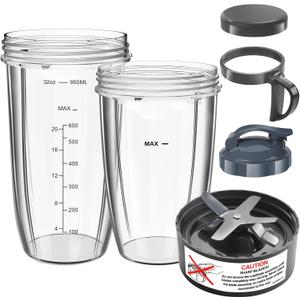 Nutribullet Blender Cups & Blade Replacement Set, 32oz & 24oz Nutribullet cups with Lid To-Go Lid and Lip Ring, Replacement Cups for Nutri Bullet Blenders 600w & Pro 900w Accessories 6 PCS