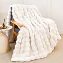 Faux Rabbit Fur Throw Blanket for Couch, Fluffy Warm Plush Thick Bubble Blanket for Bed Sofa Living Room, Soft Cozy Furry Blanket, 50x60 inches, Cream White