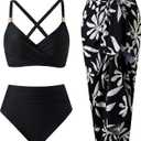 YUNIDMEIM High Waisted Bikini Sets for Women 3 Piece Swimsuits Retro V Neck Cross Back Bathing Suit with Cover Up (Black, M)