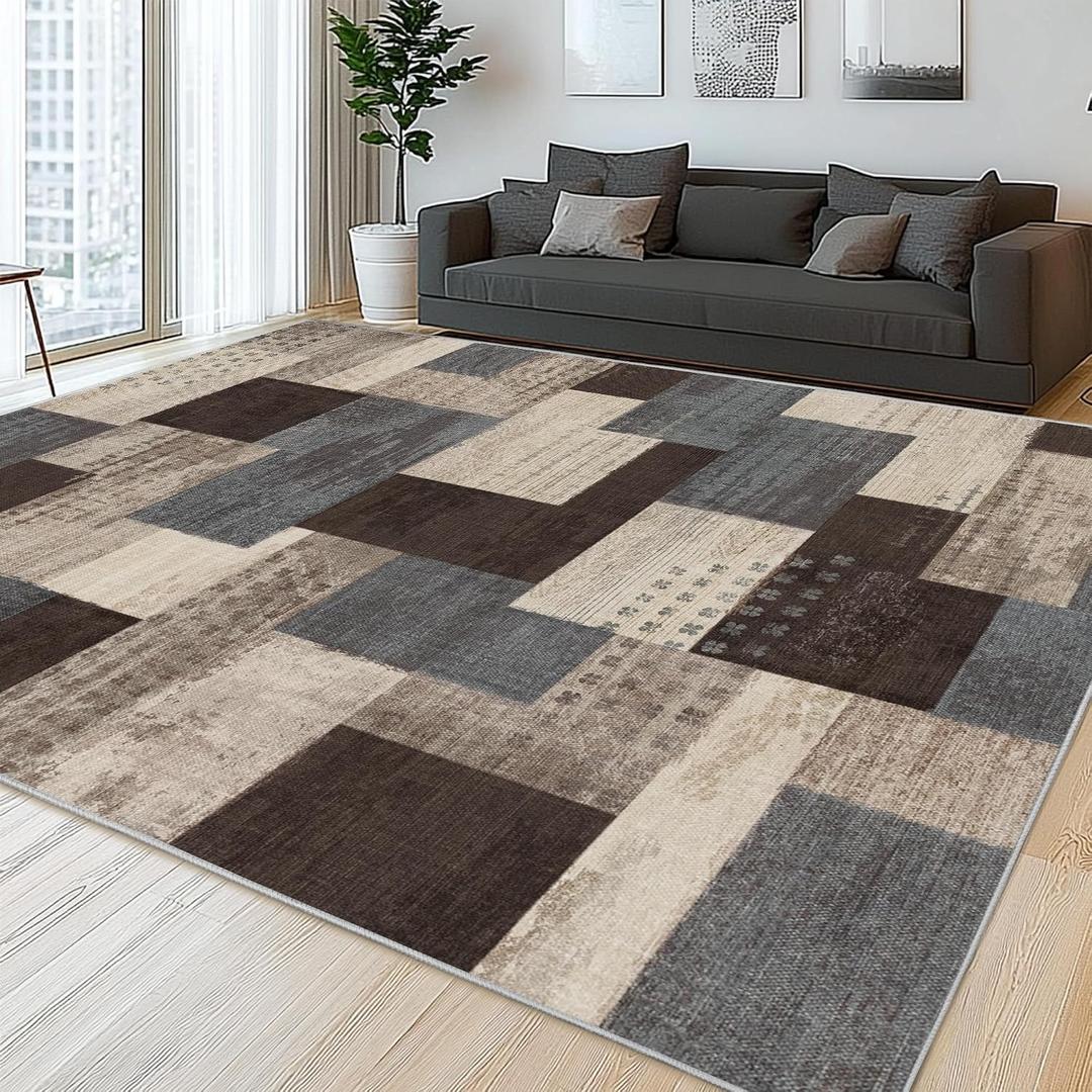 Modern Geometric Patchwork Indoor Area Rug for Living Room, Blue-Taupe 9'x 12' Large Rug Rockwood Collection Hardwood Floors Decor for Bedroom, Blue Throw Carpet for Office Entryway Dining Room