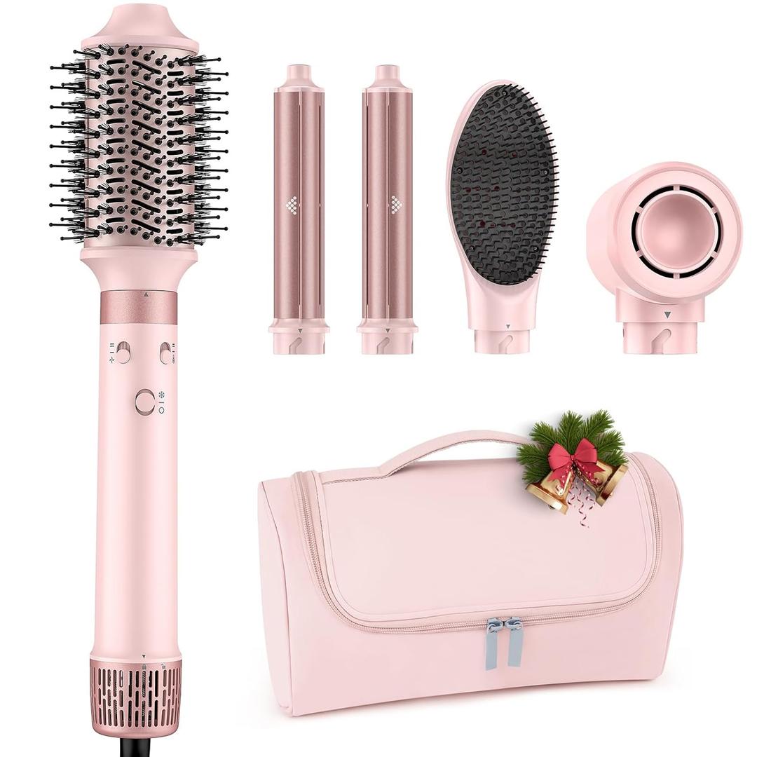Dual Voltage Hot Air Styler Wrap - 6 in 1 Hair Dryer Brush with Fast Drying Blow Dryer, Styling, Straightening & Volumizing with Travel Bag (100V240V) (Pink)