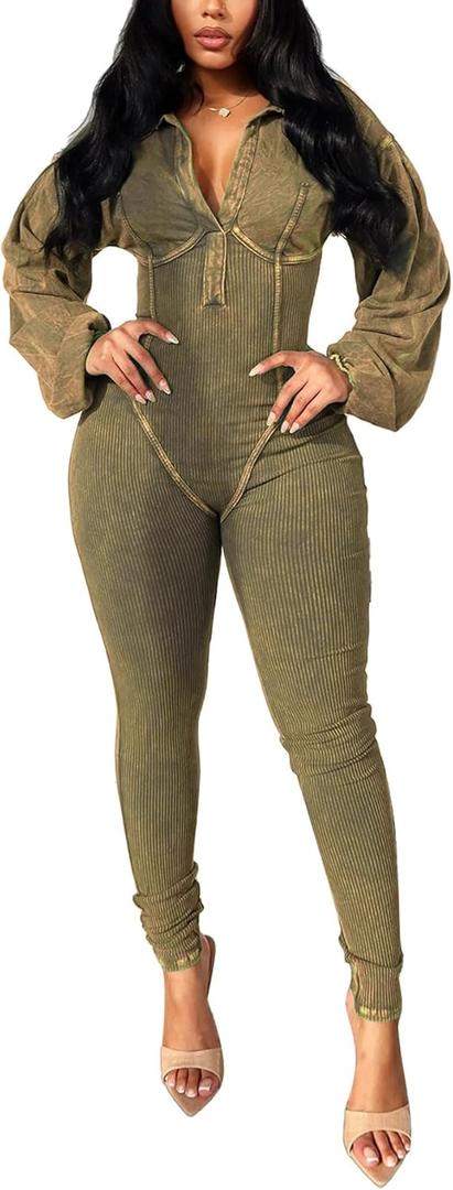 DINGANG Fall Outfits for Women's Sexy One Piece Jumpsuits Lantern Long Sleeve Bodycon Ribbed Romper (Medium, Green)