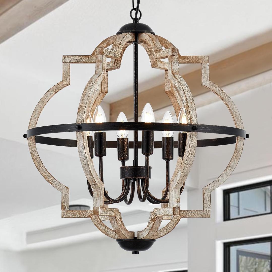 Farmhouse Chandelier for Dining Room Vintage Rustic Oak Distressed White 23'' 6-Light Wood Pendant Lighting Globe Hanging Ceiling Light Fixtures for Entryway Foyer Kitchen Living Room