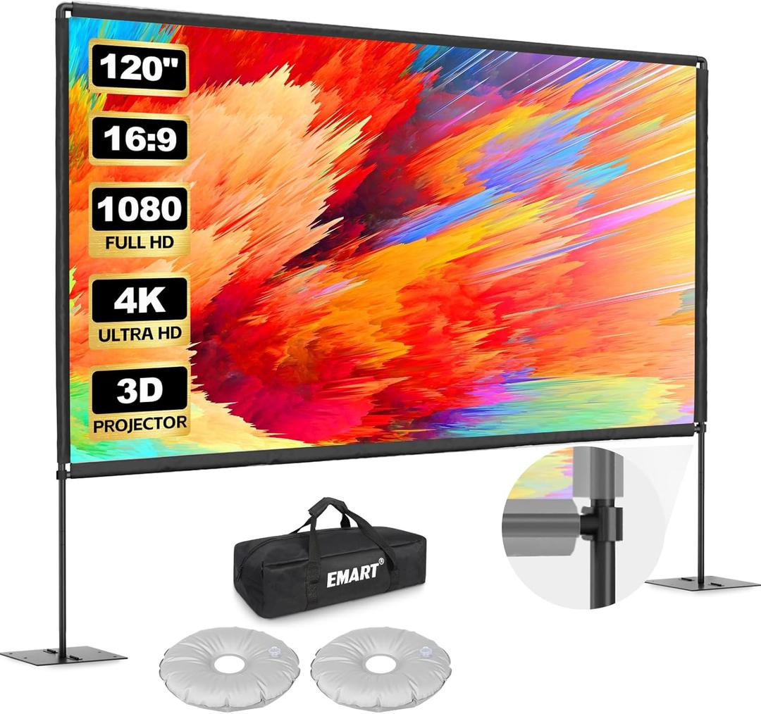 EMART Outdoor Projector Screen with Stand, 120 Inch Portable Projector Stand Indoor 16:9 4K HD Rear Front Movie Screen with Heavy Flat Base for Backyard, Party, Night (Include Water Bag, Carry Bag)