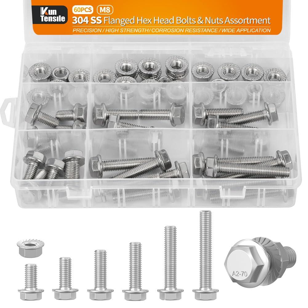 M8 Bolts and Nuts Assortment, 304 Stainless Steel Flange Hex Bolts Flange Nuts Full Coarse Hex Screws Thread Length from 16-50mm (60pcs)