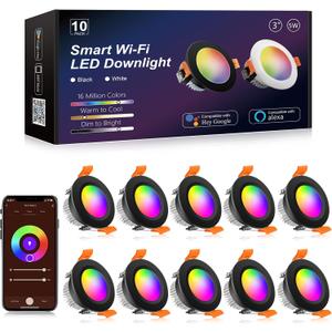 YGSTech Smart 3 Inch LED Recessed Lighting RGB WiFi Downlight, 5W Compatible with Alexa and Google Home, Dimmable RGB & CCT 27006500K Color Changing, 120V Ceiling Light with LED Driver (10 Pack)