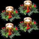 Skylety 4 Pack Christmas Votive Candle Holders with Candle Ring Wreath Christmas Table Centerpieces Glass Tealight Holder Wreath with Red Berry Pinecones for Xmas Decorations Wedding Holiday
