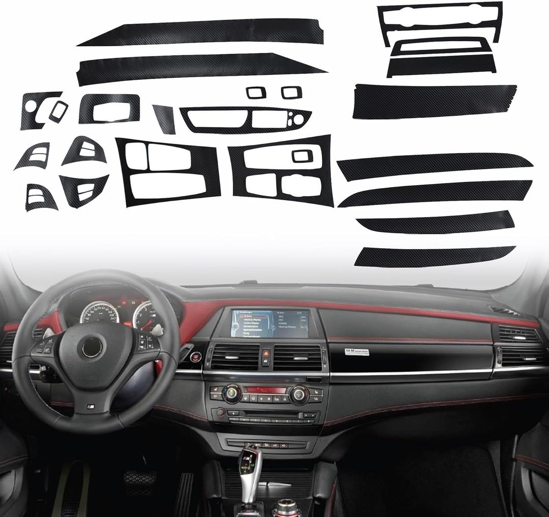 GXARTS Black 3D Carbon Fiber Car Interior Decor Kits Trim Sticker Compatible with BMW X5 E70 X6 E71 2008 2009 2010 2011 2012 2013 2014