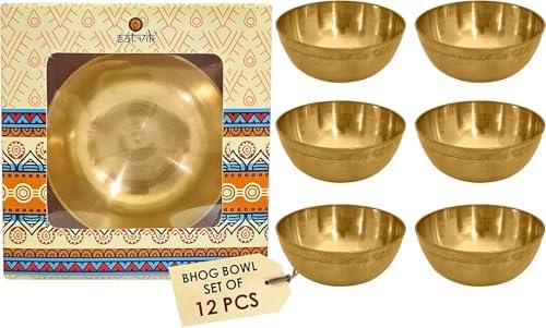 SATVIK Set of 12 Pure Brass Bhog Bowl Set for Pooja | Indian Puja Katori for Meditation, Prasad & Diwali Offerings | Tibetan Buddhist Altar Supplies | Durable & Elegant Brass Pujan Bowls (2cm x 5.7cm)