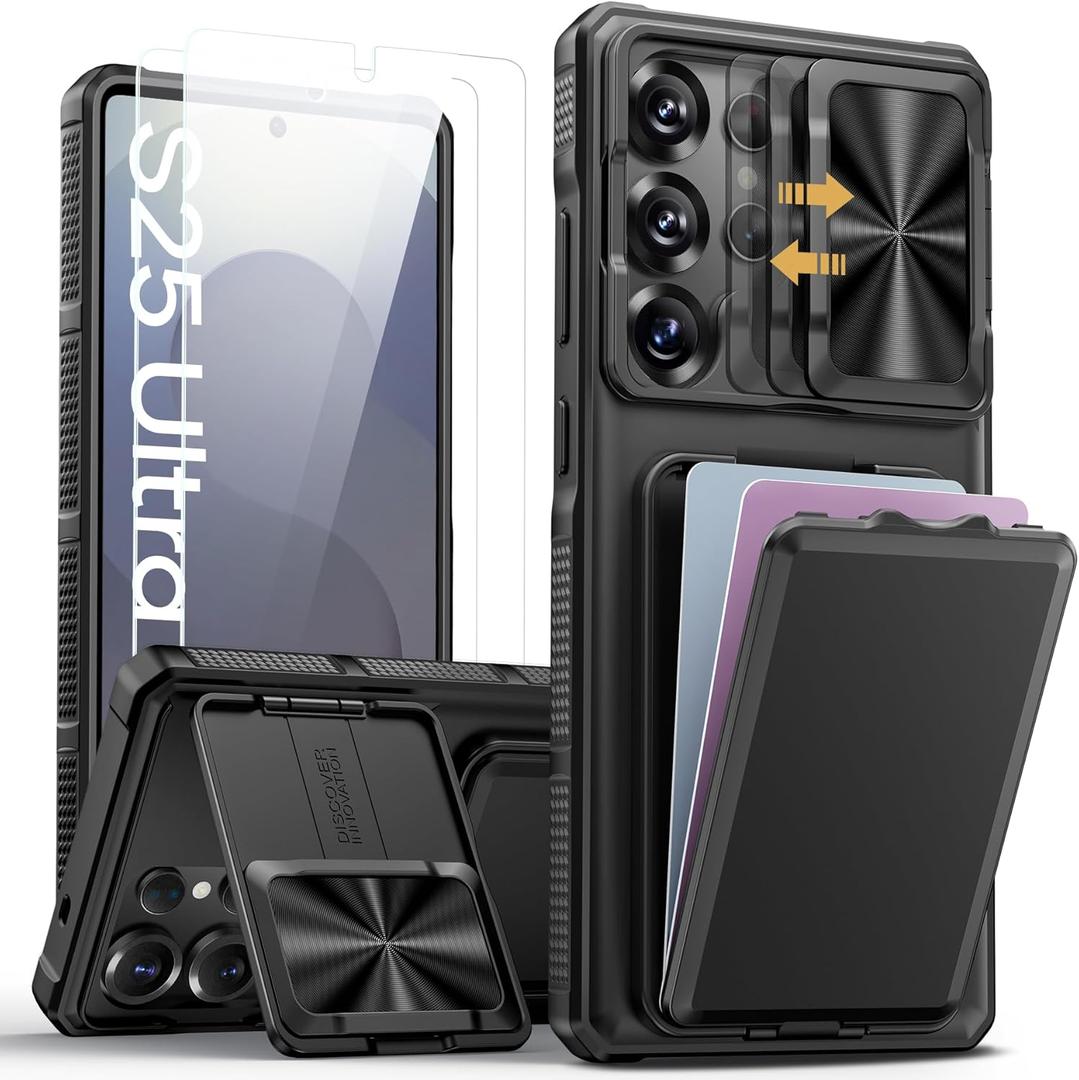 SSLOTSCASE for Samsung Galaxy S25 Ultra Case with 2X Screen Protector, Card Holder & Kickstand & Slide Camera Lens Cover, Silicone Edge Rugged Shockproof Protective Phone Cover for S25 Ultra, Black