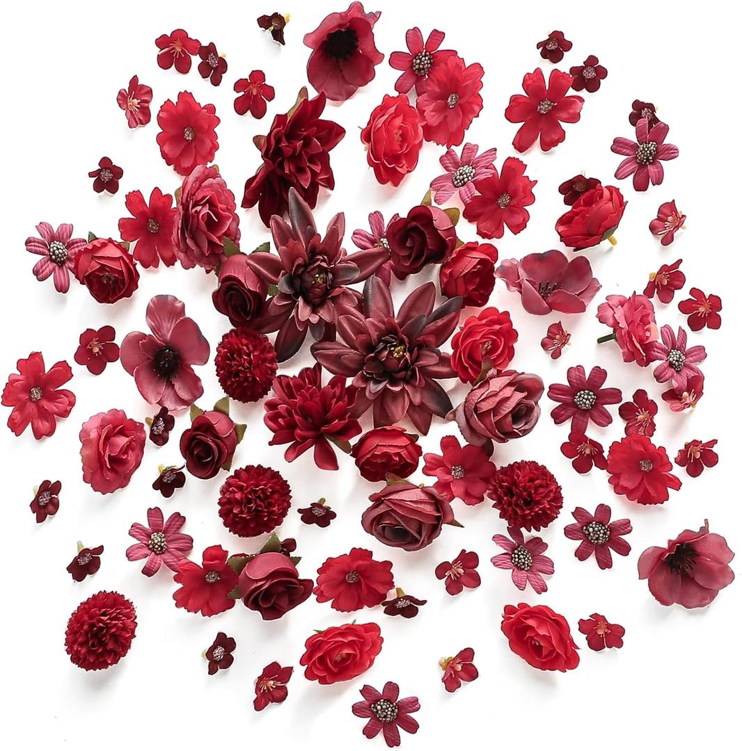 Floroom Mini Artificial Flower Heads Burgundy & Red Fake Peony Daisy Rose Multicolor Small Faux Silk Flower Heads for Cake Craft Garland Wedding Party Graduation Cap DIY Home Decoration, 0.8"-3.6"