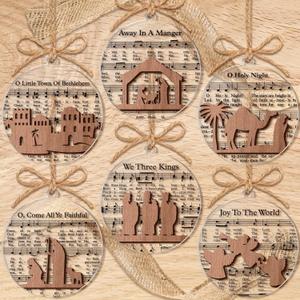 24 Pack Christmas Nativity Scene Ornaments Gifts Bulk Clear Wooden Nativity Story Music Religious Catholic Ornaments Gifts Hymns Jesus Decor for Xmas Tree