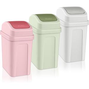 Sumind 3 Pcs 1.8 Gallon Bathroom Trash Can with Swing Lid Small Garbage Can Plastic Bathroom Trashcan Garbage Bin for Kitchen Waste Bedroom Room Outdoor (Green, Pink, Beige)