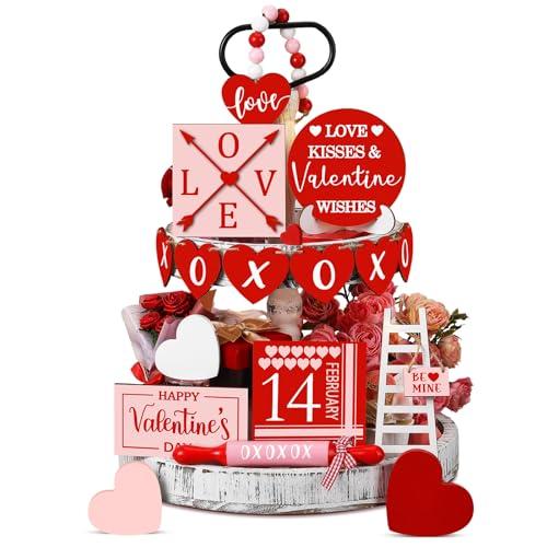 Spiareal 15 Pcs Valentine's Day Tiered Tray Decor Set Red Heart Love Wooden Signs Rustic Farmhouse Tray Signs Valentine Day Table Decorations for Romantic XOXO Home Kitchen Shelf Decor(Red, Pink)