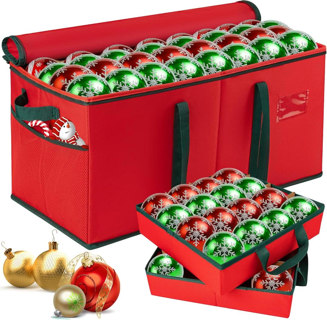 Christmas Ornament Storage Box, Xmas Decoration Organizer with 8 Tray, Christmas Storage Container with Dividers, Ornament organizer with Strong Handles for Holiday Decorations (Red)