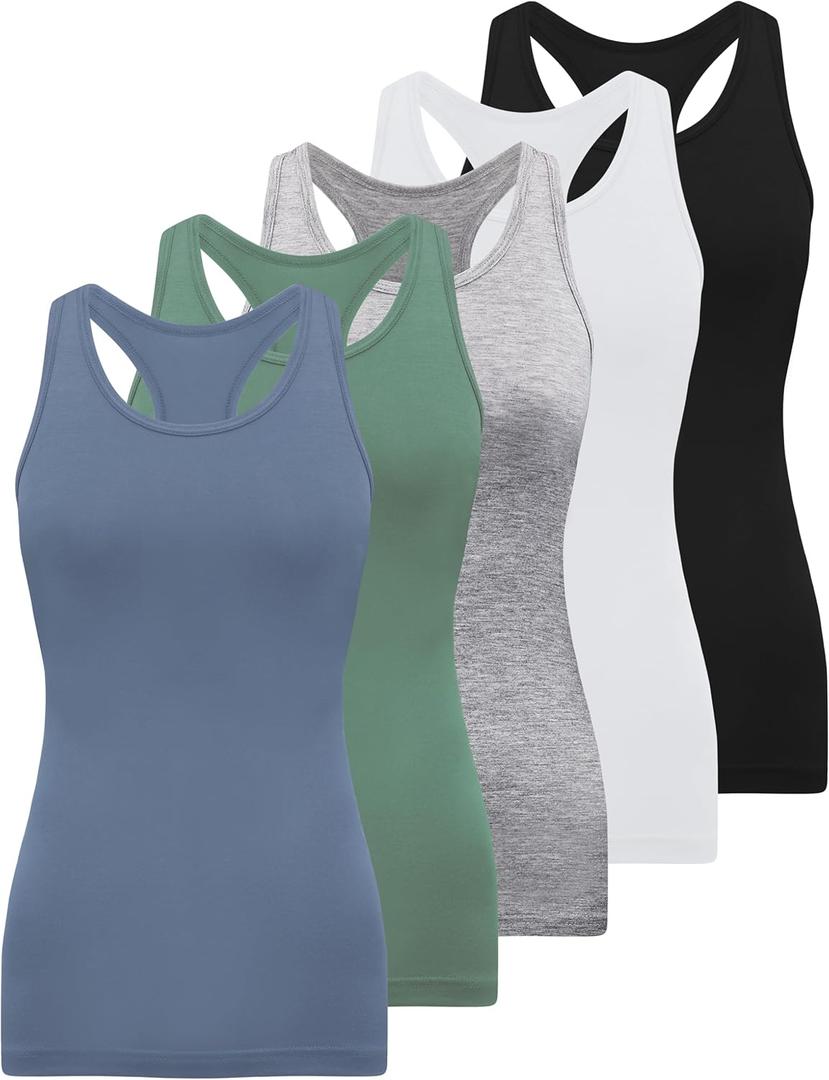 BQTQ 5 Pack Racerback Tank Tops for Women Sleeveless Workout Tank Top Ladies Undershirts Slim Fit Tanks Tops (Medium, Black, White, Gray, Cadet Blue, Cornflower Blue)