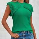 Saodimallsu Women's Sleeveless Crew Neck Fringe Cap Sleeve Pullover Sweater Vest (Green)