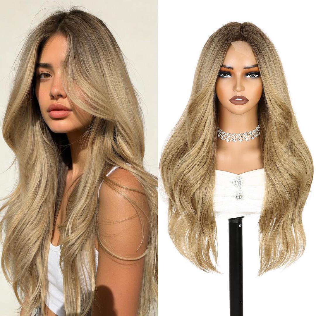 WIGER Long Ombre Blonde Wavy Wig for Women Middle Part Curly Natural Hairline Glueless Wigs TALOS Synthetic Heat Resistant Fiber Wig for Cosplay Costume Christmas (Light Brown)
