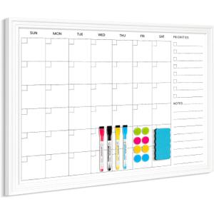 DOLLAR BOSS Magnetic White Board Calendar 24''x 18'', Monthly Dry Erase Planner for Wall with White Wood Style Frame for Office, School, Dorm, Home Decor