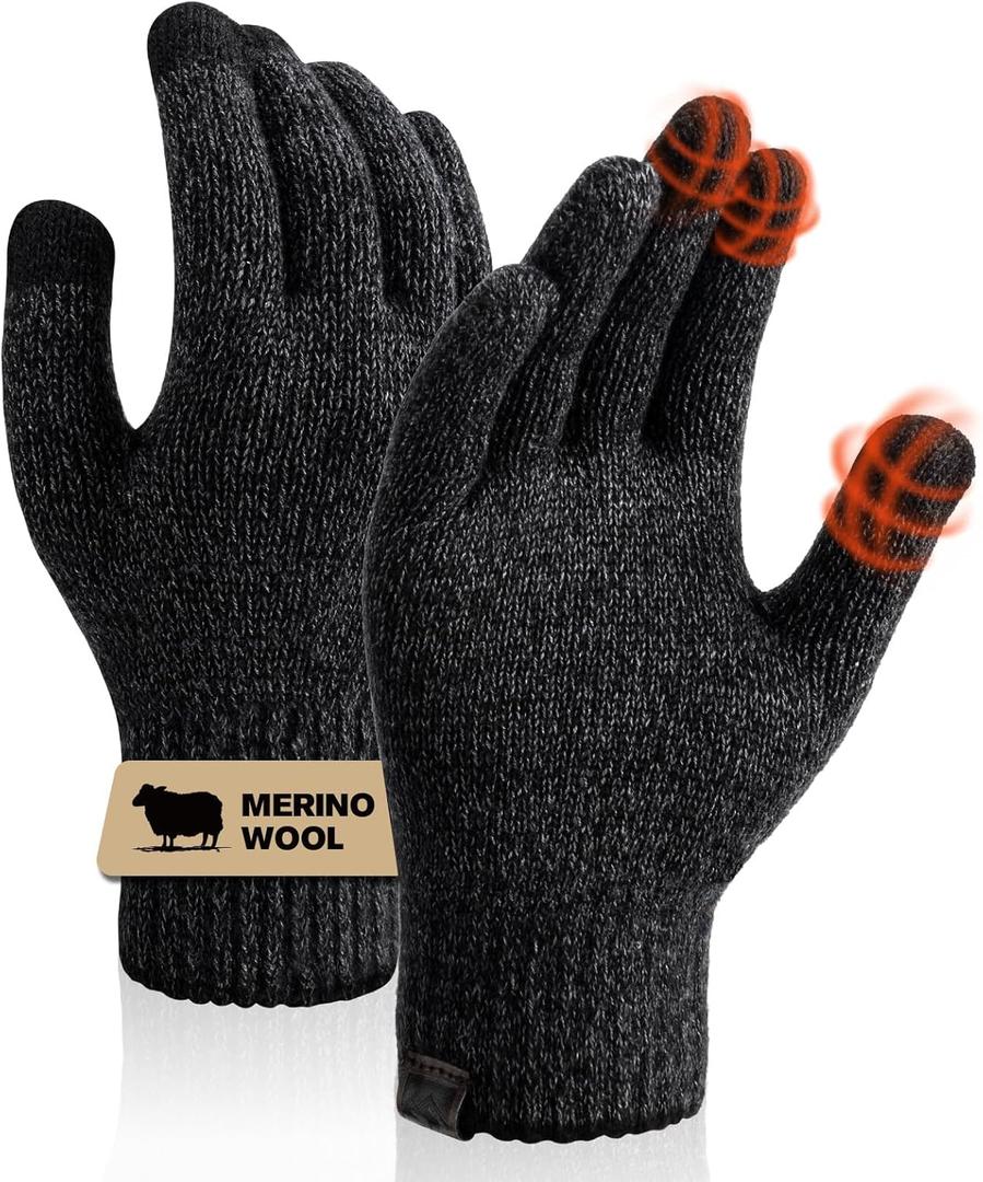 Merino Wool Gloves for Women Men, Touch Screen Warm Glove Liners Thermal Soft Knit Lining for Winter Running Hiking (Small-Medium, A01-(Black Gray))