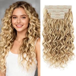 Curly Clip In Hair Extensions, 4PCS 20 Inch Dark Blonde with Highlights Extensions Clip Ins, Lace Weft Short Curly Invisible Natural Hairpieces for Women