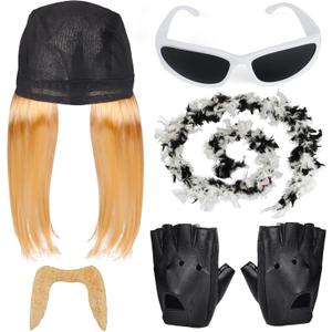 Kyson Wrestler Costume Accessories Set 5 Pcs Wig with Bandana Boa Sunglasses Gloves Fake Beard Halloween Wrestling Party