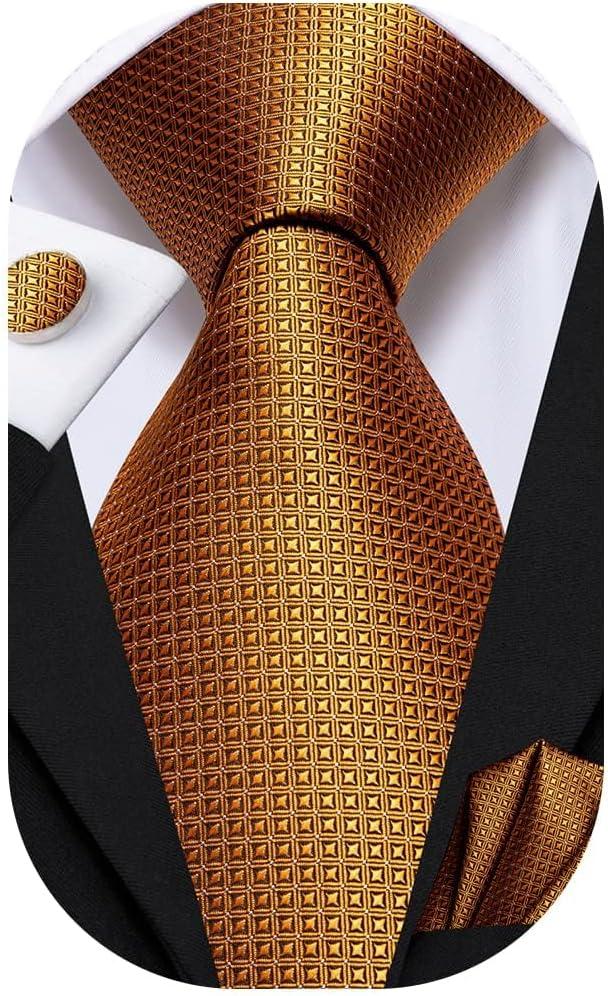 Dubulle Mens Paisley Floral Silk Tie for Men Striped Necktie and Pocket Square Cufflinks Set Wedding Business (Deep Gold)
