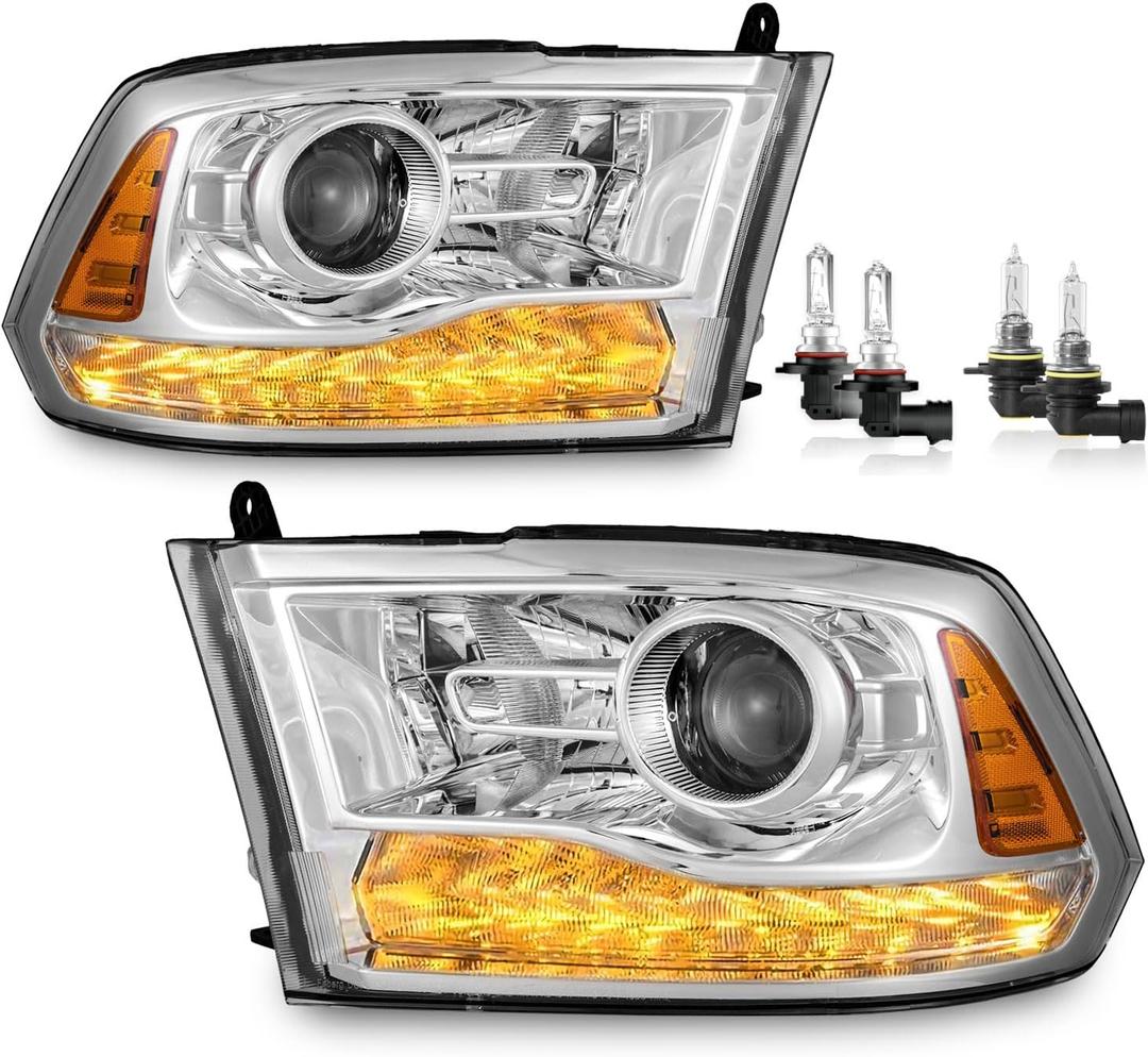 Headlights Assembly with Amber LED DRL/Signal lamps (OEM style) for 2013-2018 Dodge Ram 1500 2500 3500, 2019 Ram 1500 Classic Only (Bulbs included)